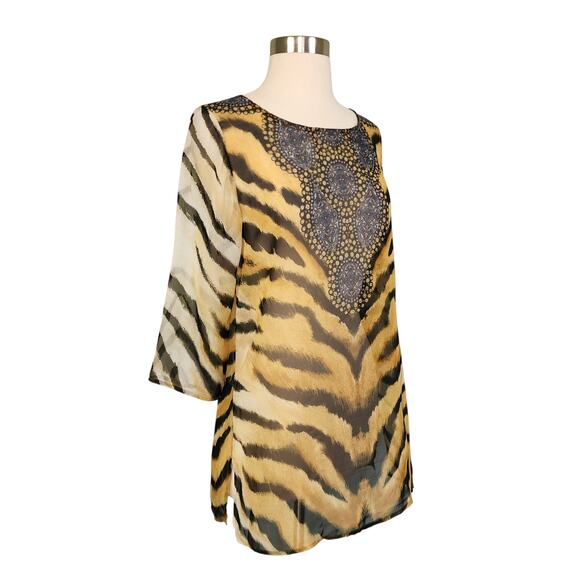 Chicos Womens Sheer Tunic Blouse Size Small Tiger Animal Print Old Money - Picture 3 of 9